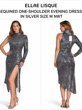 ELLAE LISQUE SILVER SEQUIN ONE SHOULDER M NWT